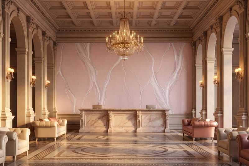 Carta da parati Cascata di Quarzo Rosa© in una hall d'albergo