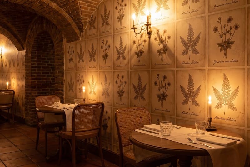 Carta da parati Erbario del Naturalista© in una sala da pranzo d'albergo