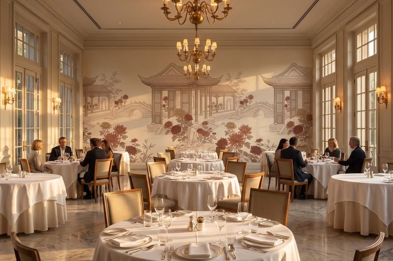 Carta da parati Ponte dei Crisantemi© in una sala da pranzo d'albergo
