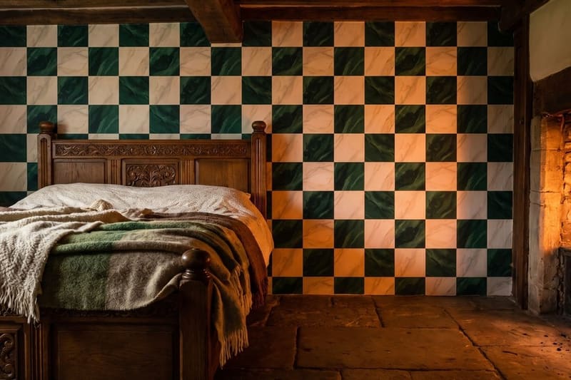 Carta da parati Scacchiera Marmorea© in una camera da letto