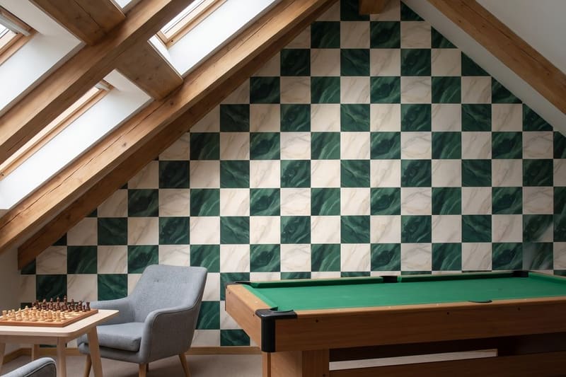Carta da parati Scacchiera Marmorea© in una sala giochi d'albergo