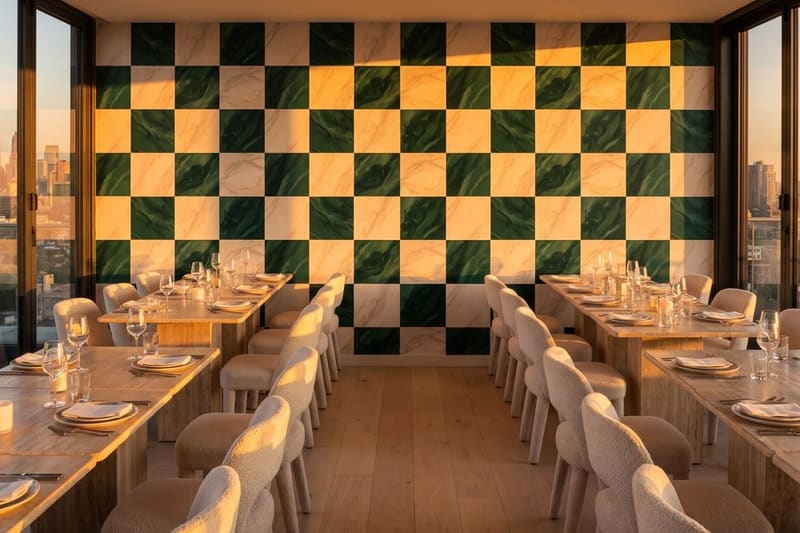 Carta da parati Scacchiera Marmorea© in una sala da pranzo d'albergo