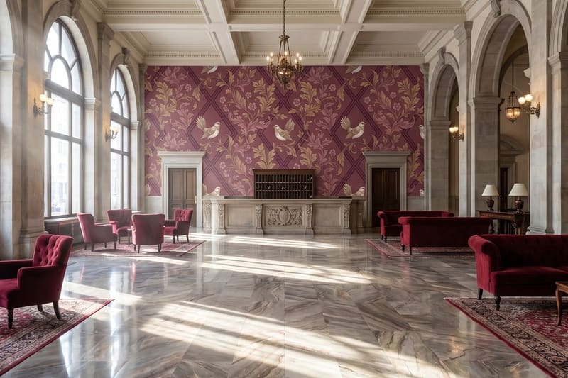 Carta da parati Voliera di Damasco© in una hall d'albergo