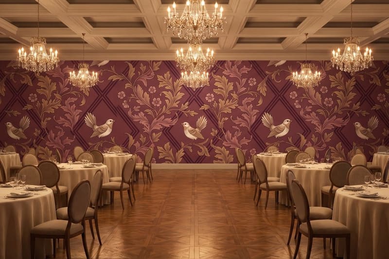 Carta da parati Voliera di Damasco© in una sala da pranzo d'albergo