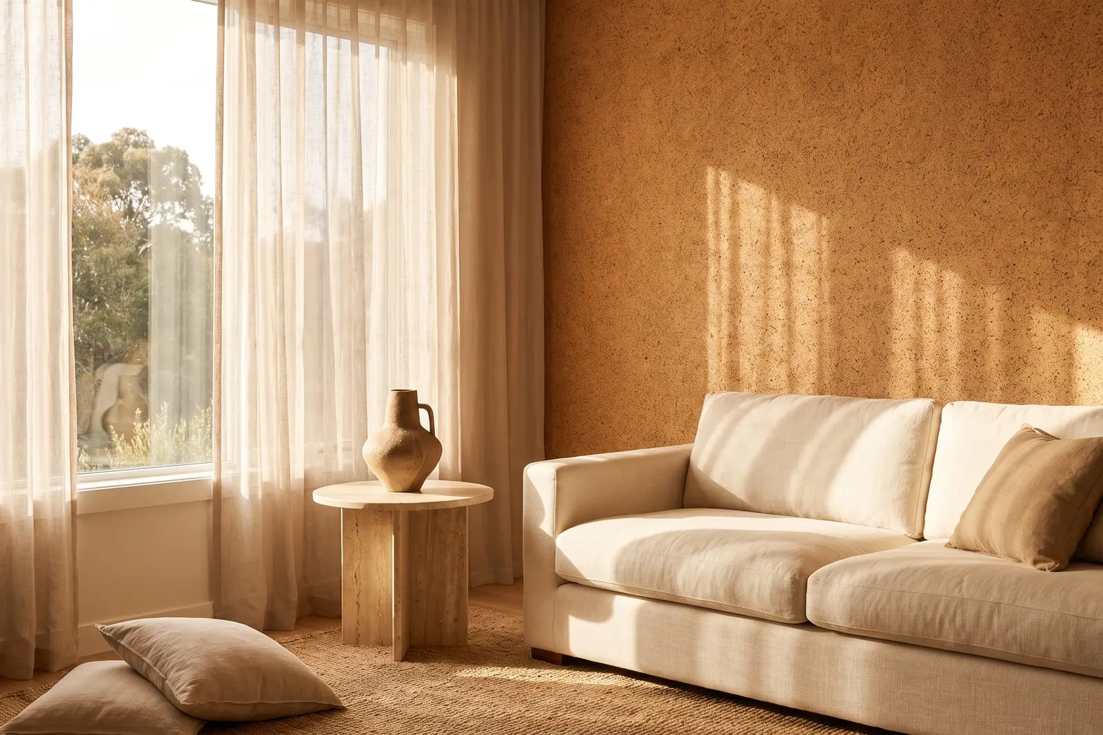 Wall covered in natural cork wallpaper in a bright, refined living room